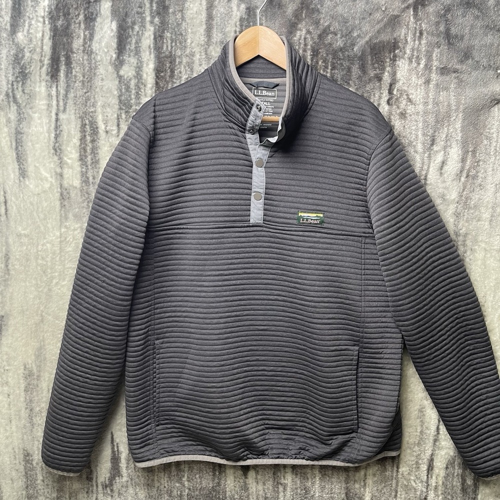 L.L. Bean Men's Large Tall Slightly Fitted Ribbed Gray 1/4 Snap Pullover